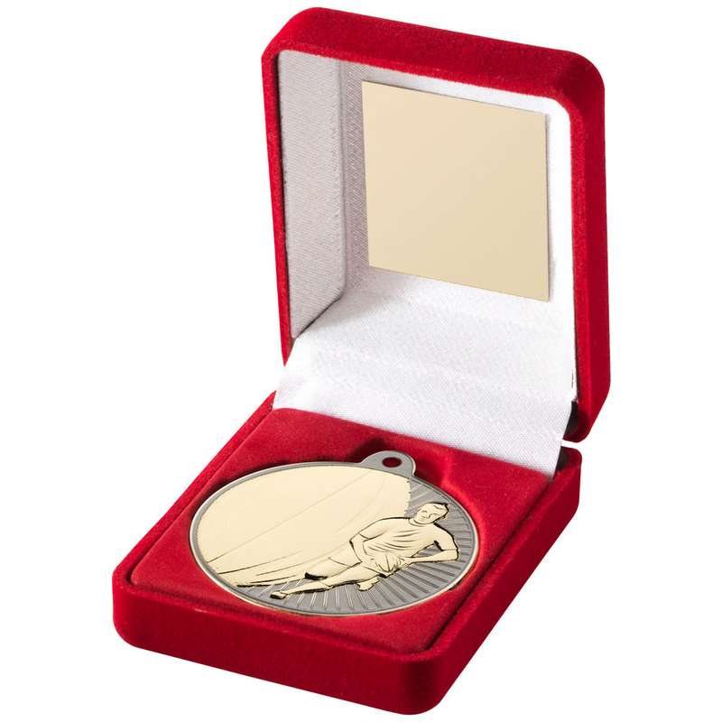 RED VELVET BOX AND 50mm RUGBY MEDAL TROPHY MATT SILVER/GOLD – 3.5in